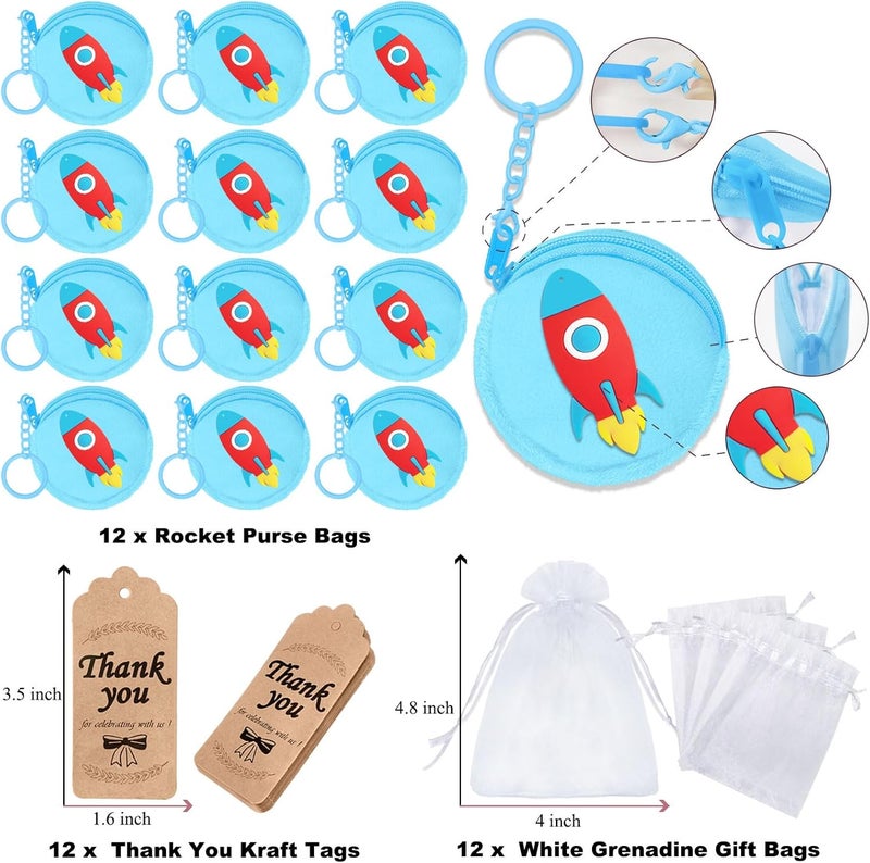 Elecrainbow 36 Pack Rocket Change Purses Set Include 12 Wallets with Keyring,12 Thank YouTags and 12 Organza Bag for Outer Space Science Fiction Themed Party, Kids Baby Shower Birthday Decor, Blue - Image 2